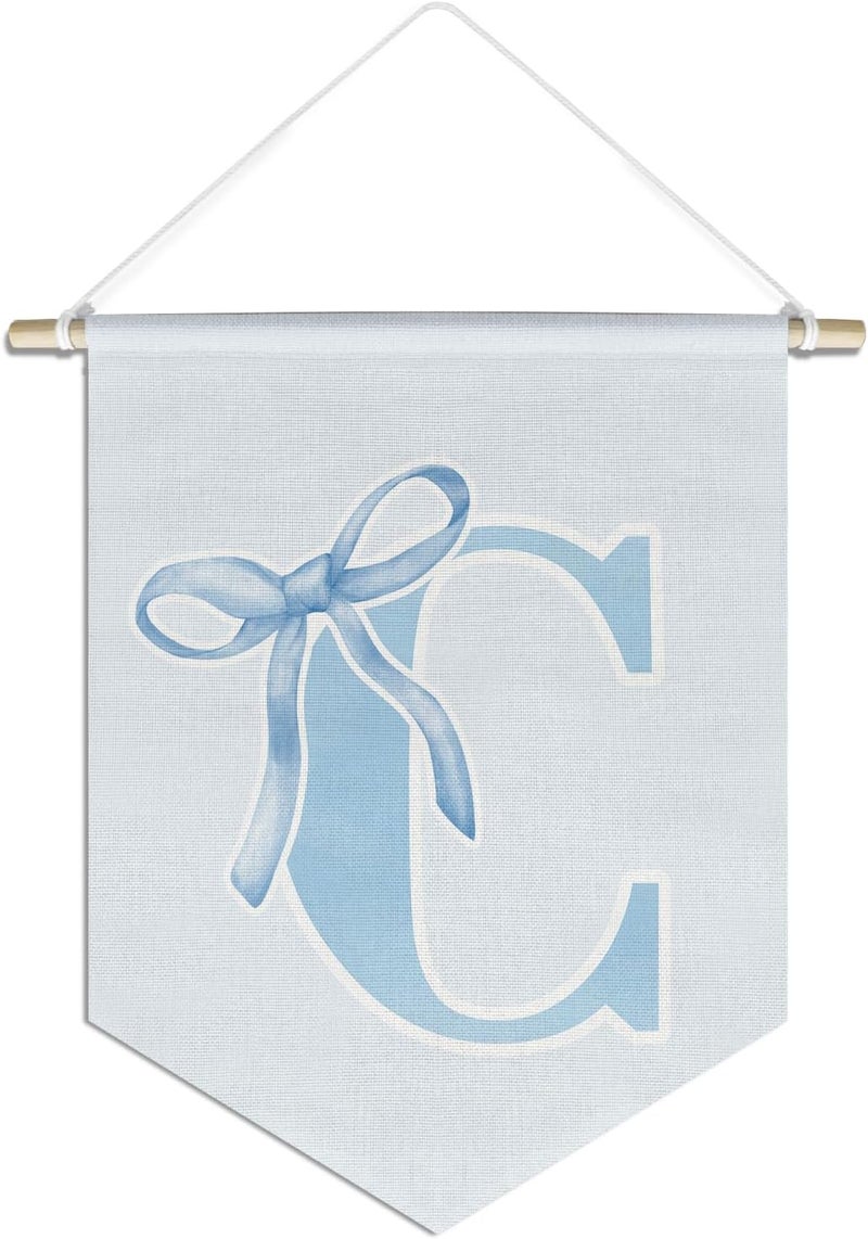 foedor initial Personalized Preppy Canvas Hanging Pennant Flag Banner, Coquette Bow Teen Girl Gifts,Trendy Cute Monogrammed Gifts Wall Decor for Women Teen Girl Nursery bedroom(blue C) - Image 1